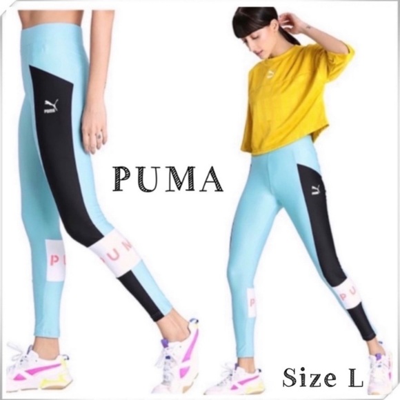PUMA Xtg Spell Out Logo Stripe High Rise Running Leggings Tights Light Blue Sz L - Picture 1 of 9